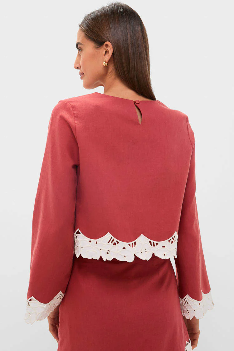 Red Eyelet Trim Cotton Linen Maxine Top - Image 4