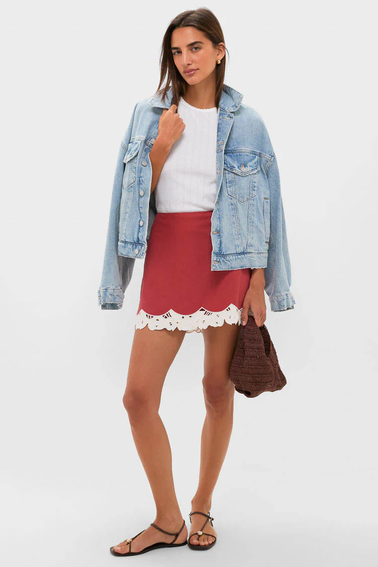 Red Eyelet Trim Cotton Linen Meg Mini Skirt - Image 7