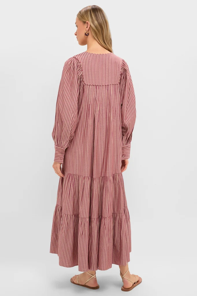Red Lurex Stripe Hand Beaded Capote Dress - Image 5
