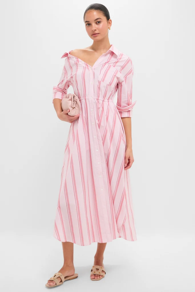 Red Stripe Falling Off the Shoulder Midi Dress - Image 3