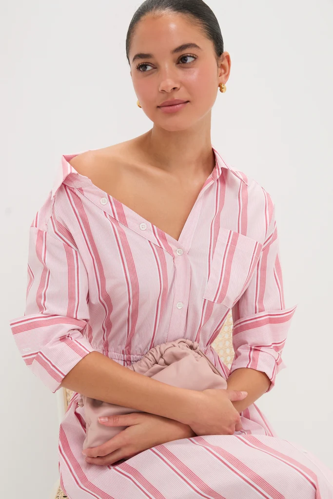 Red Stripe Falling Off the Shoulder Midi Dress - Image 6