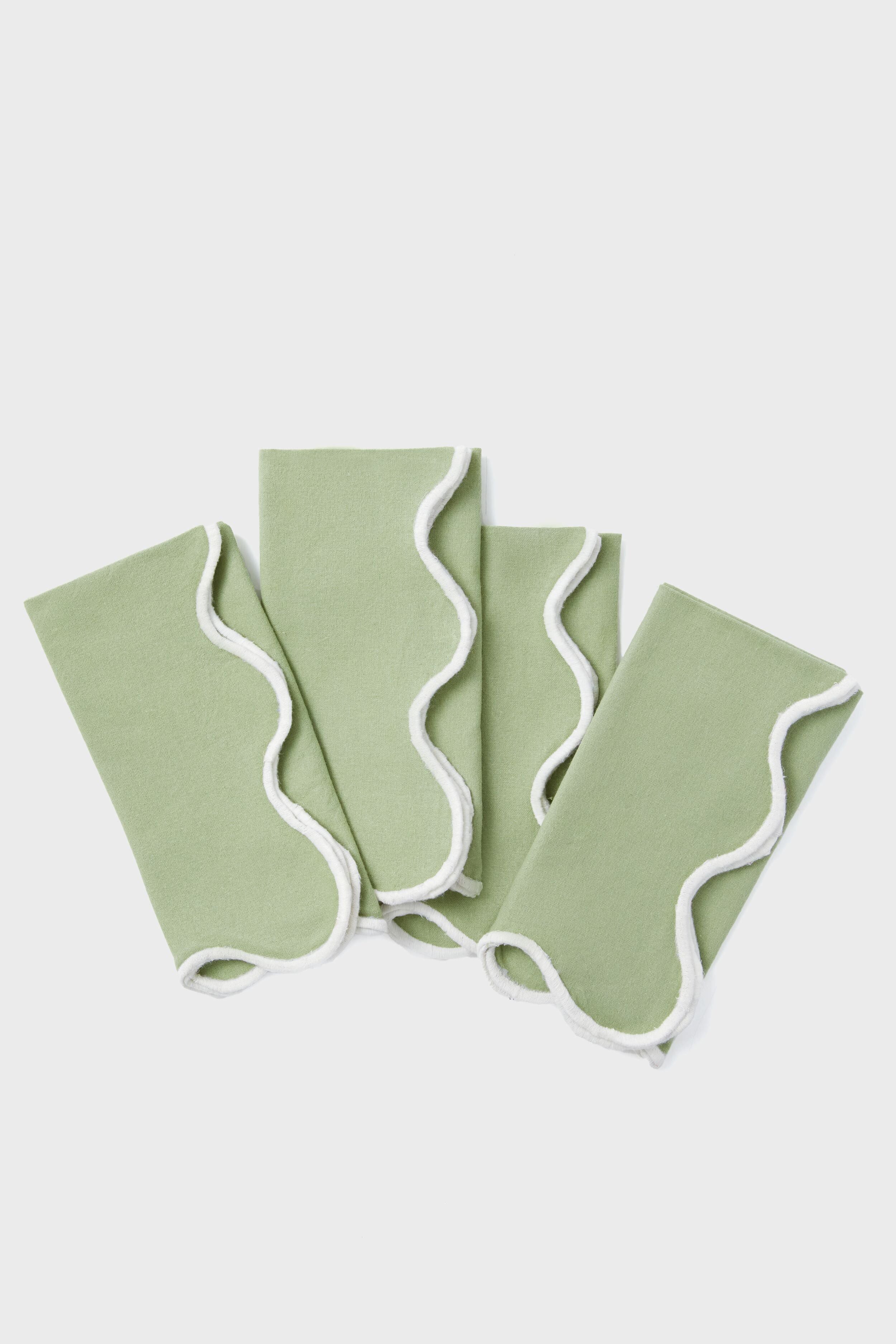 Sage and White Cotton Slub Scalloped Napkins Set of 4 - Image 3