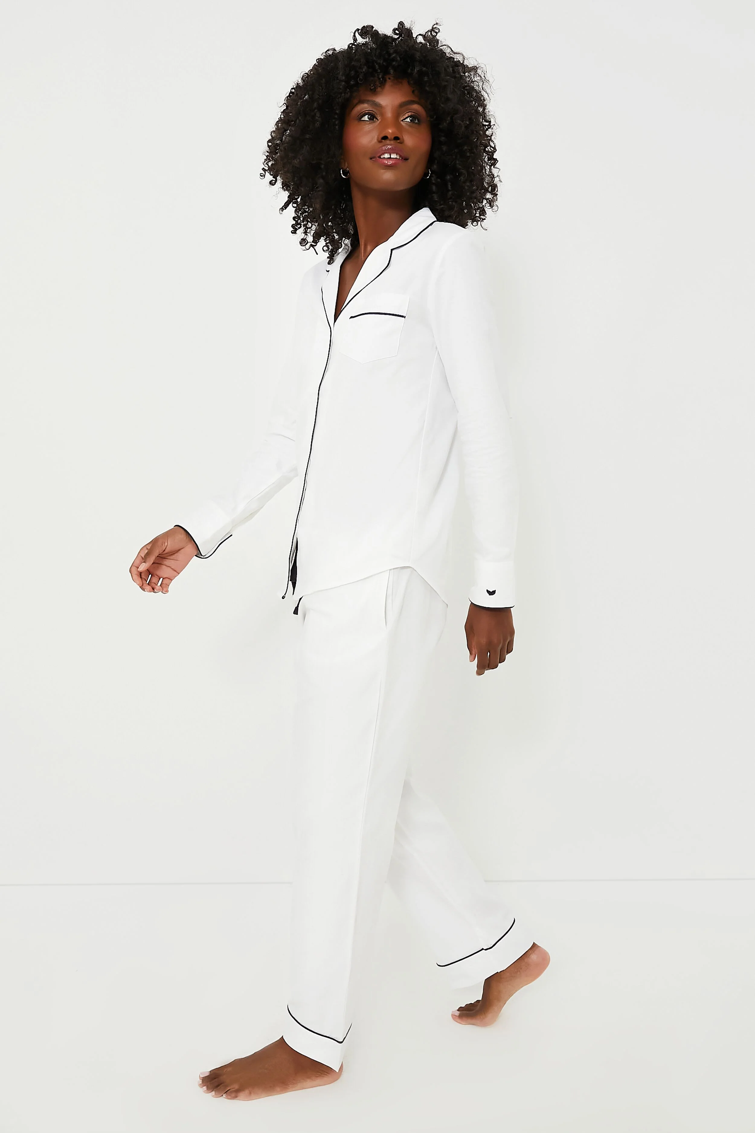 White Pajama Set with Navy Piping - Image 3