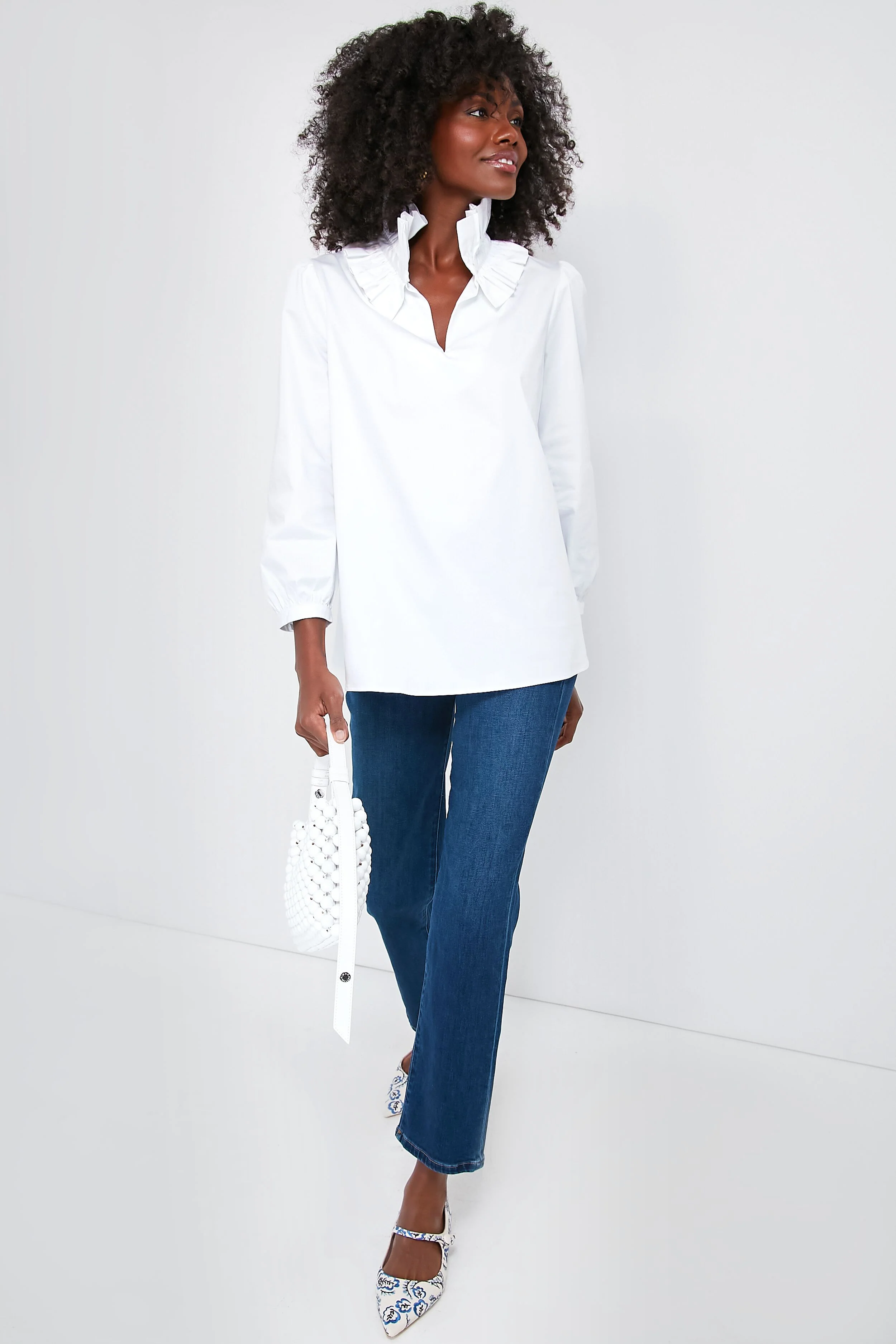 White Stretch Poplin Ruffle Neck Bouvier Blouse - Image 2