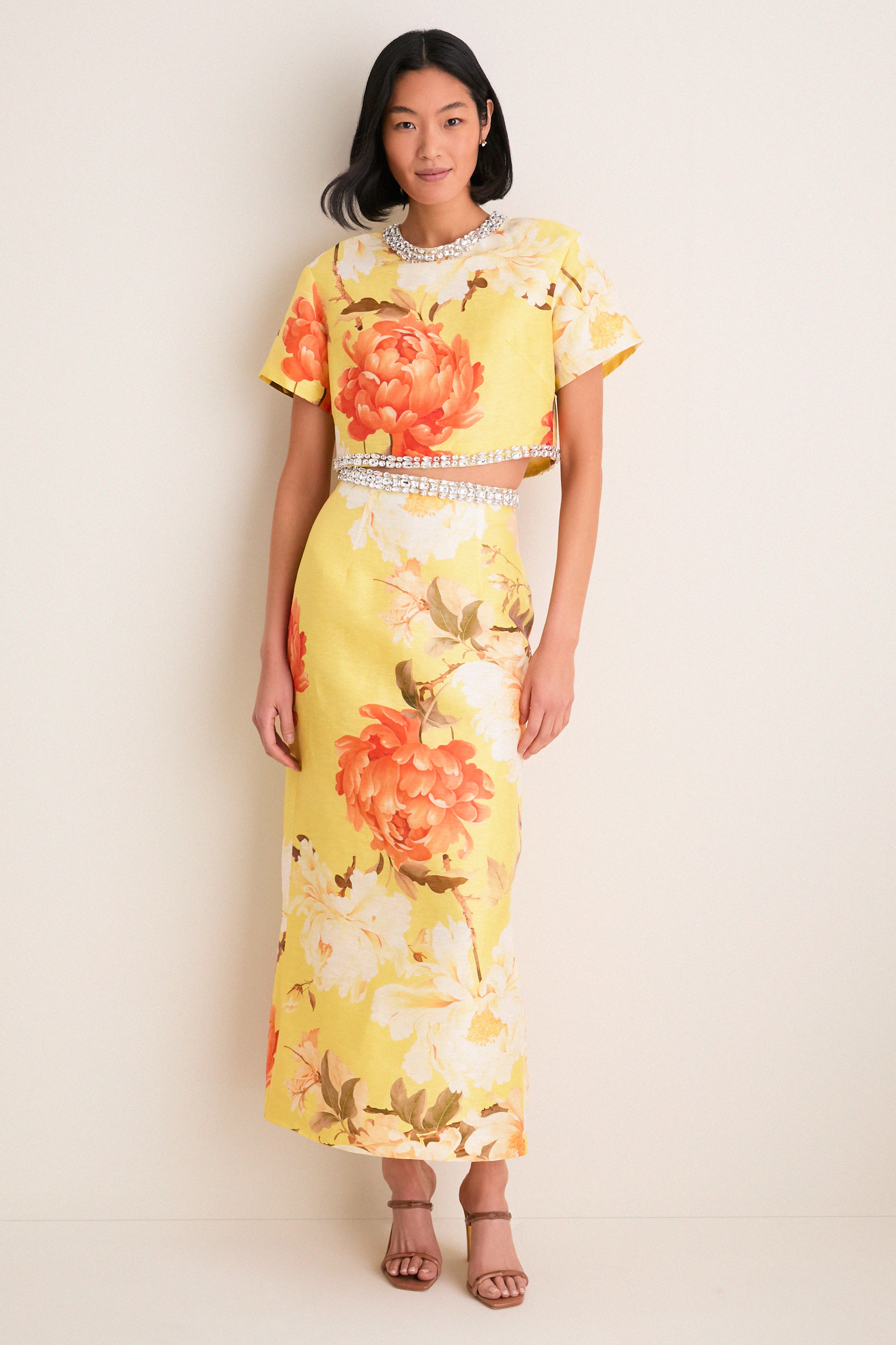 Yellow Peony Print Kyra Embellished Maxi Skirt - Image 6